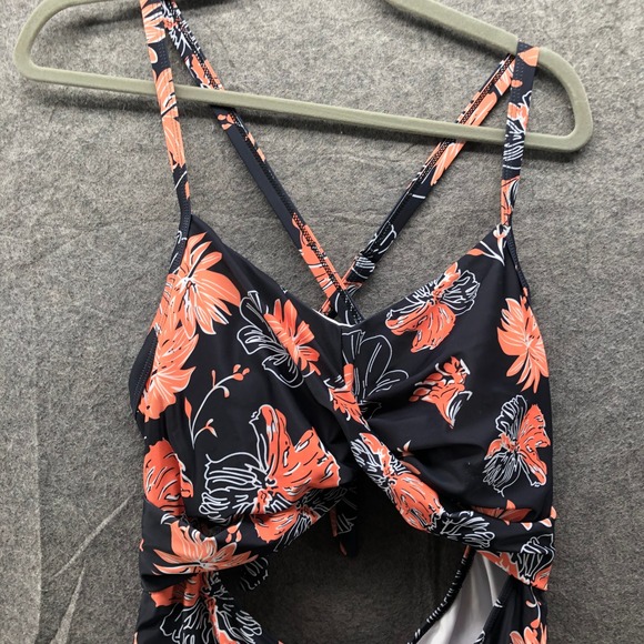 Zaful Floral Cut-Out Swim Dress Women 2X (16-18) Black Orange Floral Tie Back - Picture 5 of 10